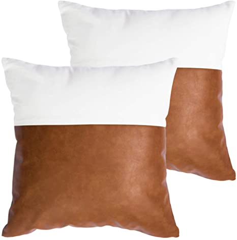 HOMFINER Decorative Throw Pillow Covers 20x20, Set of 2 Faux Leather and 100% Cotton Square Cushion Cases for Couch Bed Sofa Modern Boho Farmhouse Home Decor Cognac Brown White Accent