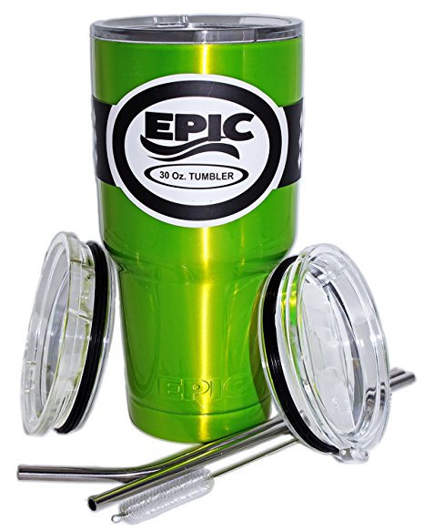 EPIC GREEN Tumbler Stainless Steel Vacuum Insulated USA Custom Powder Coated Cup and Coffee Mug with 2 Lids and 2 Stainless Steel Straws, 30 oz - Lime Green Tumbler