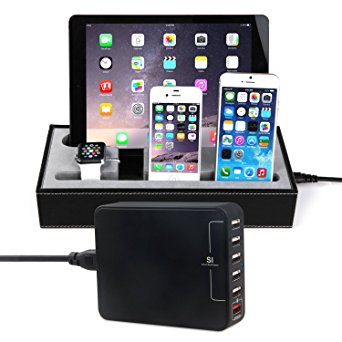 [4 in 1] Apple Watch Stand & Iphone iPad Charging Station   33W 6 Ports USB Smart Charger,Konsait Black Leatherette Apple Watch Charging Cradle Holder