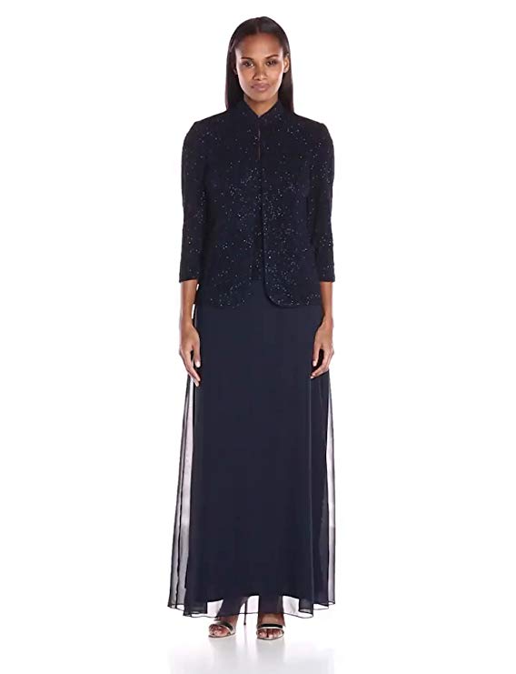 Alex Evenings Jacquard Glitter Knit Long Dress and Mandarin-Neck Jacket