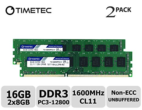 Timetec Hynix IC DDR3 PC3-12800 1600 MHz Non ECC Unbuffered 1.35V/1.5V Dual Rank 240 Pin UDIMM Desktop PC Computer Memory Ram Module Upgrade (16GB(8GBx2))