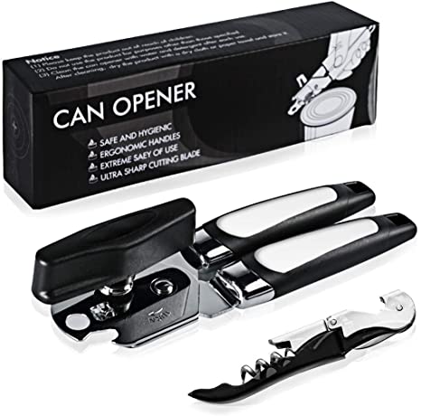 NASUM Can Opener, Jar Opener, Manual Can Opener with Ergonomic Smooth Edge, Stainless Steel Can Opener, Portable 4-in-1 Heavy Duty Opener with Anti Slip Grip Handle, Ultra Sharp, with Corkscrew Opener