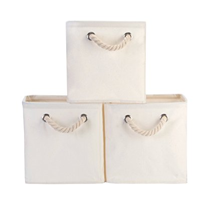 StorageWorks Cotton Storage Cube Box with Strong Cotton Rope Handle, Waterproof Foldable Basket Bin Organizer, Natural, 3-Pack