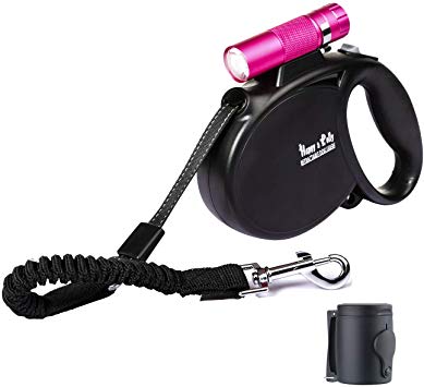 Happy & Polly Dog Leash Retractable Heavy Duty 16.4 ft Strong Nylon Tape Dog Walking Leash with Flashlight Detachable/Protective Bungee Leash/Magic Box Dispenser/Poop Bags