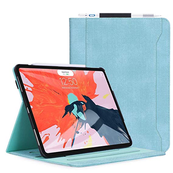Skycase iPad Pro 12.9 Case (2018), [Support Apple Pencile Charging] Canvas Multi-Angle Viewing Stand Folio Case for Apple iPad Pro 12.9 inch 2018, with Card Holders, Mint Green