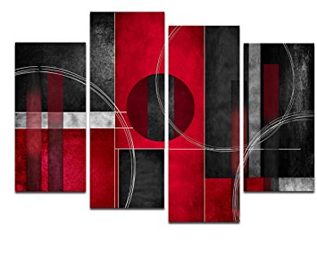 Wieco Art - Large 4 Piece Red and Black with Circles Modern Abstract Artwork Giclee Canvas Prints Black and Red Pictures Paintings on Canvas Wall Art for Living Room Bedroom Home Decorations