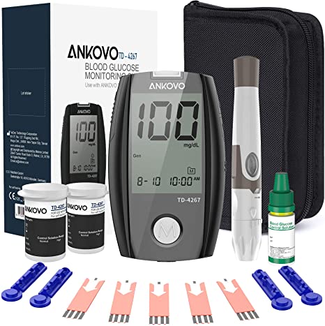 Blood Glucose Monitor Kit, ANKOVO Diabetes Testing Kit with Blood Glucose Meter, Lancing Device, Control Solution, 100 Blood Test Strips, 100 Counts 30 Gauge Lancets and Carrying Case, No Coding