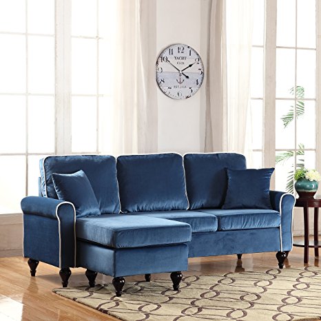 Classic and Traditional Small Space Velvet Sectional Sofa with Reversible Chaise (Blue)