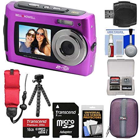 Bell & Howell 2VIEW18 HD Dual Screen Waterproof Digital Camera (Purple) with 16GB Card   Case   Floating Strap   Flex Tripod   Reader   Kit