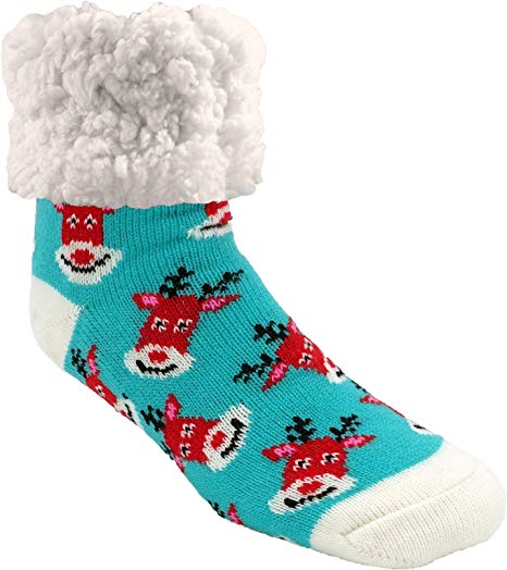 Pudus Cozy Holiday Winter Slipper Socks Women & Men w Non-Slip Grippers Faux Fur Sherpa