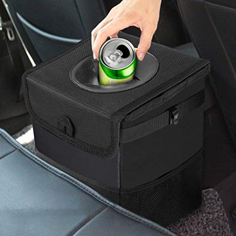 KIPIDA Car Trash Can with Lid,Car Garbage Can Hanging with 3 Storage Pockets,Large Capacity Car Trash Bag 100% Leak-Proof Collapsible Portable Car Trash Bin with Clips for Car Travel Accessories