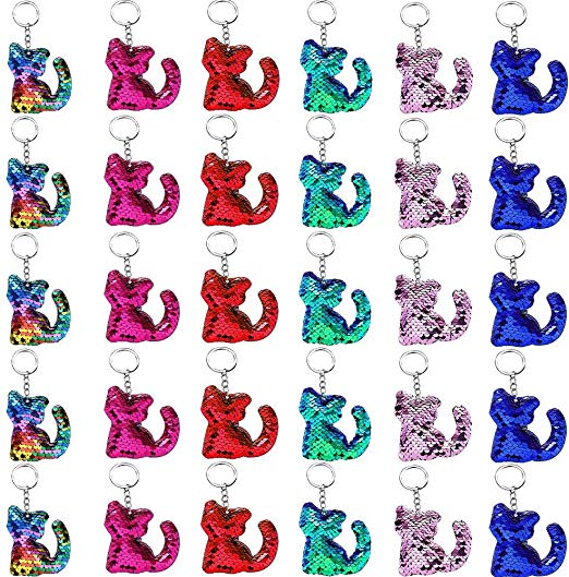 Sequin Keychain Cat Shape, Outee 30 Pcs Flip Sequin Keychain Hanging Key Chain 6 Different Colors Decoration Party Favors Supplies Gift for Kids Adults