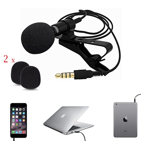 Professional Lavalier Microphone Clip-on Omnidirectional Condenser Mic for iPhone, iPad, MacBook and Android Smartphone