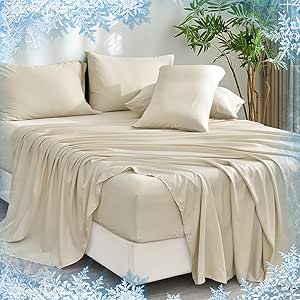 PHF Cooling Sheets Set Queen Size 6 Piece - 100% Rayon Derived from Bamboo - Wider Elastic Band & 16 Inch Deep Pockets - Luxury Soft and Breathable Bedding Sheets & Pillowcases, Natural