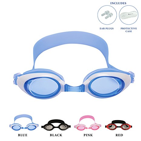 Kids Swimming Goggles by Bezzee Pro, Anti Fog, Leak Proof Eye Cups, Adjustable Straps, Children Swim Glasses(ages 4 to 10), With Quality Goggle Case & Ear Plugs, 100%
