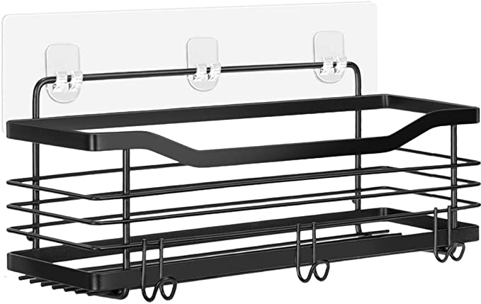 ODesign Shower Caddy Basket Shelf with Hooks for Shampoo Conditioner Bath Sponge Loofah Adhesive Wall Mount Bathroom Rack Storage Organizer No Drilling SUS304 Stainless Steel (Black)