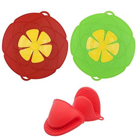 Silicone Spill Stopper, Boil Over Safeguard,Silicone Spill Stopper Pot Pan Lid Multi-Function Kitchen Tool with 1 Pair Silicone Cooking Pot Mitts