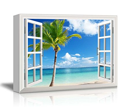 Canvas Print Wall Art - Window Frame Style Wall Decor - Beautiful Scenery/Landscape Palm Tree on Tropical Beach | Giclee Print Gallery Wrap Modern Home Decor. Stretched & Ready to Hang - 36" x 48"