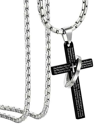 ORAZIO 3MM Stainless Steel Chain Cross Necklace for Men Women Bible Lord's Prayer Pendant 22-30 Inches