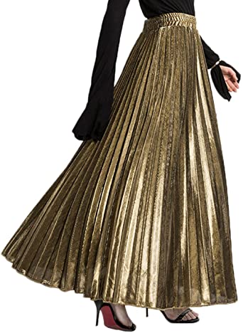 CHARTOU Women's Premium Metallic Shiny Shimmer Accordion Pleated Long Maxi Skirt, Gold, XX-Large