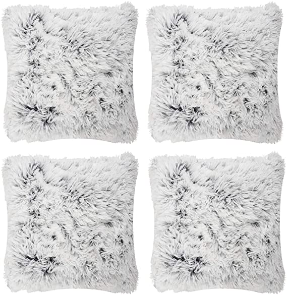 Adore 4 x Two Tone Long Pile Super Soft & Cuddly 17x17 (43x43cm) Cushion Cover (Charcoal & White)