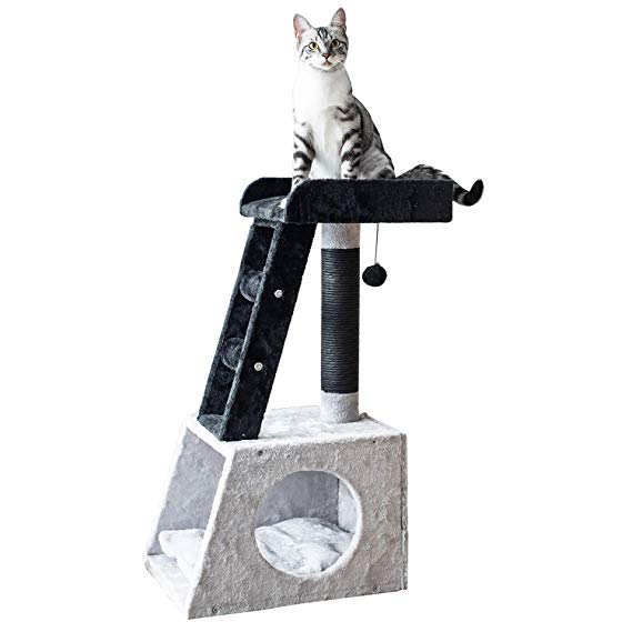 Catry 31” Grey and White Ladder Cat Tree with Paper Rope Covered Scratch Post Fleece Covered Cat Tower