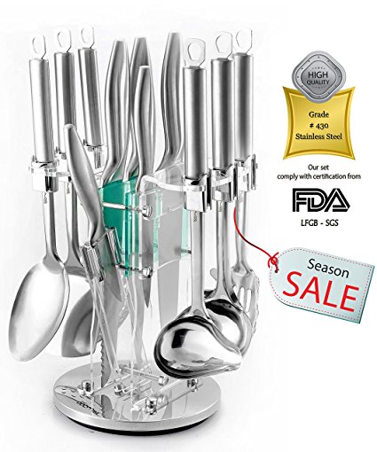 Kitchen Utensils & Knife Block 13 Piece Stainless Steel Set - Spatula, Serving Spoon, Spaghetti Server, Soup Ladle, Dessert Ladle, Skimmer, Chef, Bread, Carving, Utility, Paring, Sharpener For Cooking