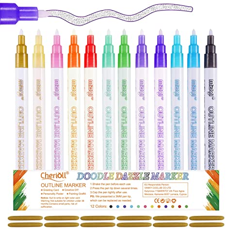 Doodle Dazzle Markers, Double Line Outline Pen Markers, Magic Shimmer Paint Pens,12 Colors Marker Pen for Highlight for Drawing/Painting/Posters/DIY Art Crafts