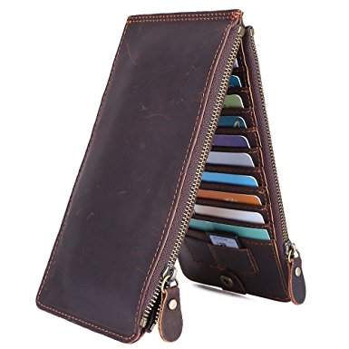 S-ZONE Crazy Horse Leather 19 Card Slots Long Organizer Wallet With Zipper Pocket