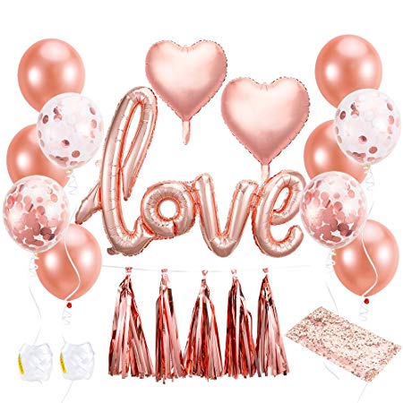 Pllieay 21 Pieces Rose Gold Balloons Bridal Shower Balloons Including Rose Gold Balloons, Table Runner, Ribbon and Tassel for Party Decoration