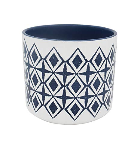 Rivet Mid-Century Diamond-Patterned Stoneware Planter, 6.5"H, Blue and White