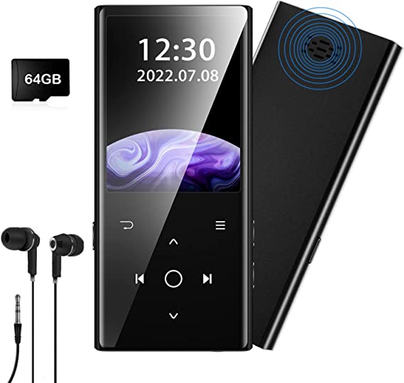 64GB MP3 Player with Bluetooth 5.0, AiMoonsa Music Player with Built-in HD Speaker, FM Radio, Voice Recorder, HiFi Sound, E-Book Function, Earphones Included