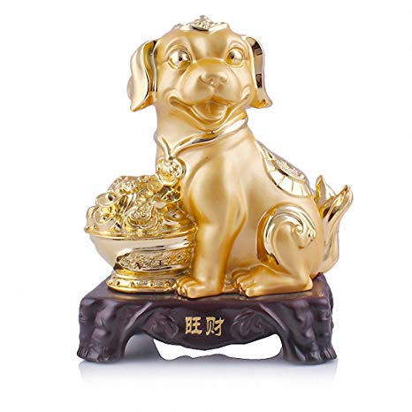 Wenmily Large Size Chinese Zodiac Dog Golden Resin Collectible Figurines Table Decor Statue