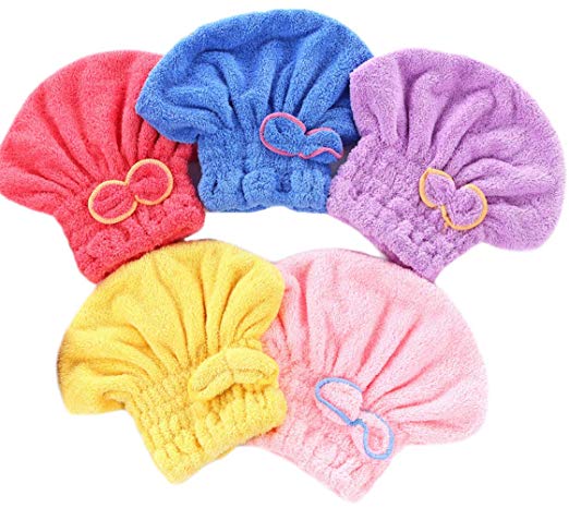 Wheelsp 5 Pack Bowknot Microfiber Hair Drying Towels,Fast Coral Velvet Drying Long Hair Turban Wrap,Absorbent Twist Turban Princess Shower Cap For Women And Children
