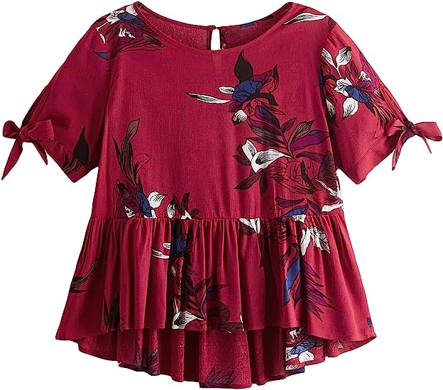 Milumia Women Leaf Print Bow Short Sleeve Round Neck Ruffle Peplum Babydoll Blouse Tops