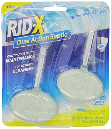 RID-X Septic Tank System Treatment and Toilet Bowl Cleaner, Spring Waterfall Scent, 2 Month Supply Dual Action Blocks, 2 Count