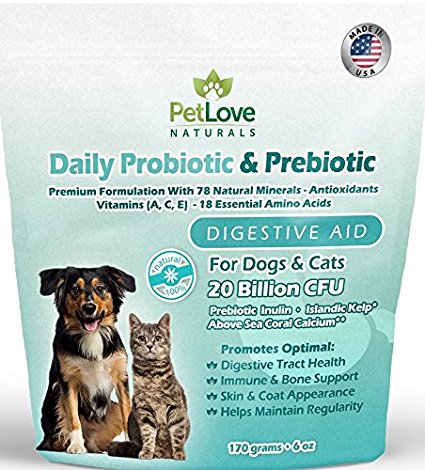 PetLove Naturals Daily Probiotic & Prebiotic Digestive Aid For Dogs And Cats, Promotes Regularity, Relieves Diarrhea, Nausea, Bloating And Gas, Relieves Itching, Boosts Immune Support, Powder, 6 oz