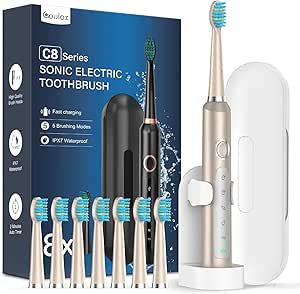 Electric Sonic Toothbrushes for Adults with 8 Heads - Electric Toothbrush with Travel Case, 5 Modes and IPX7, Electric Ultrasonic Toothbrushes for Family, Travel, Matte Gold