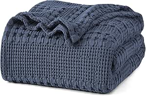 PHF 100% Cotton Waffle Weave Blanket King Size, Lightweight Washed Cotton Blanket for Spring & Summer - 108"x90" Aesthetic Soft Woven and Breathable Blanket for Bed Sofa Home Decor - Dark Navy