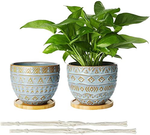 POTEY Geometrical Ceramic Planter - 5 Inch Decorative Hanging Plant Pot with Draiage Hole and Bamboo Saucer Set of 2 - Blue 212521