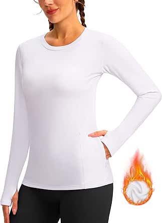 Women's Thermal Fleece Tops Long Sleeve Workout Shirts Running Athletic Base Layer with Thumb Holes Zipper Pocket