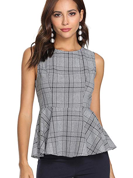 Romwe Women's Sleeveless Elegant Gingham Print Peplum Hem Blouse Shirts Top