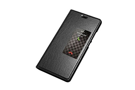 ERLI Huawei P9 Case, Cowhide [GENUINE LEATHER] Ultraslim Flip Cover Case[Smart Window View]   Intelligent Sleep   PC Material Bottom Shell (Black)