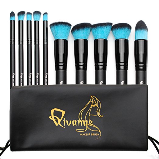 Qivange Makeup Brushes, Premium Synthetic Kabuki Makeup Brush Set Foundation Eyeshadow Blush Concealer Powder Brush Kit   Pouch ( 10pcs, Black with Blue Hair)