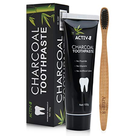Activ-8 Activated Charcoal Toothpaste (100g) and Bamboo Toothbrush Kit Teeth whitening Eliminates bad breath Prevents tooth decay Removes smoke stains and coffee stains