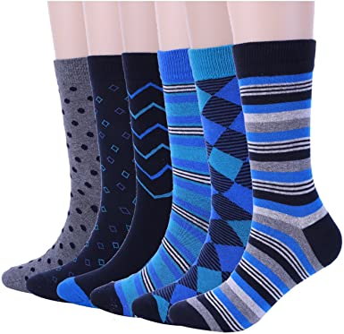 Mens Blue Dress Crew Socks Funky Argyle Stripe Patterned Designs 6 Pair One Size