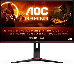 AOC Gaming U28G2XU2 - 28 Zoll UHD Monitor, 144 Hz, 1 ms, FreeSync PremiumPro, HDR400 (3840x2160, HDMI 2.1, DisplayPort, USB Hub) schwarz/rot