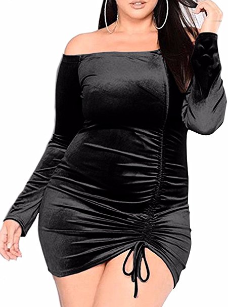 BEAGIMEG Women's Sexy Velvet Plus Size Ruched Off Shoulder Bodycon Mini Club Dress