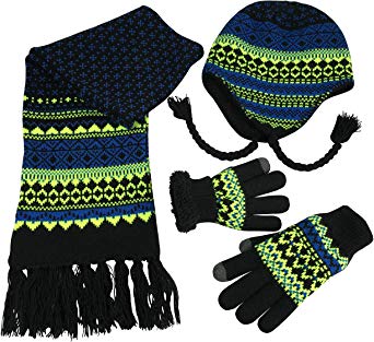 N'Ice Caps Big Boys Racer Striped Knitted Hat/Scarf/Glove Fleece Lined Set