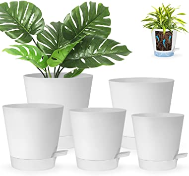 RIOGOO Self Watering Planters,Plastic Planter with Removable High Drainage Deep Reservoir to Maintains Healthy Roots,Modern Decorative Plant Pots for Indoor Plants (7" 6.5" 6" 5.5" 5" White)